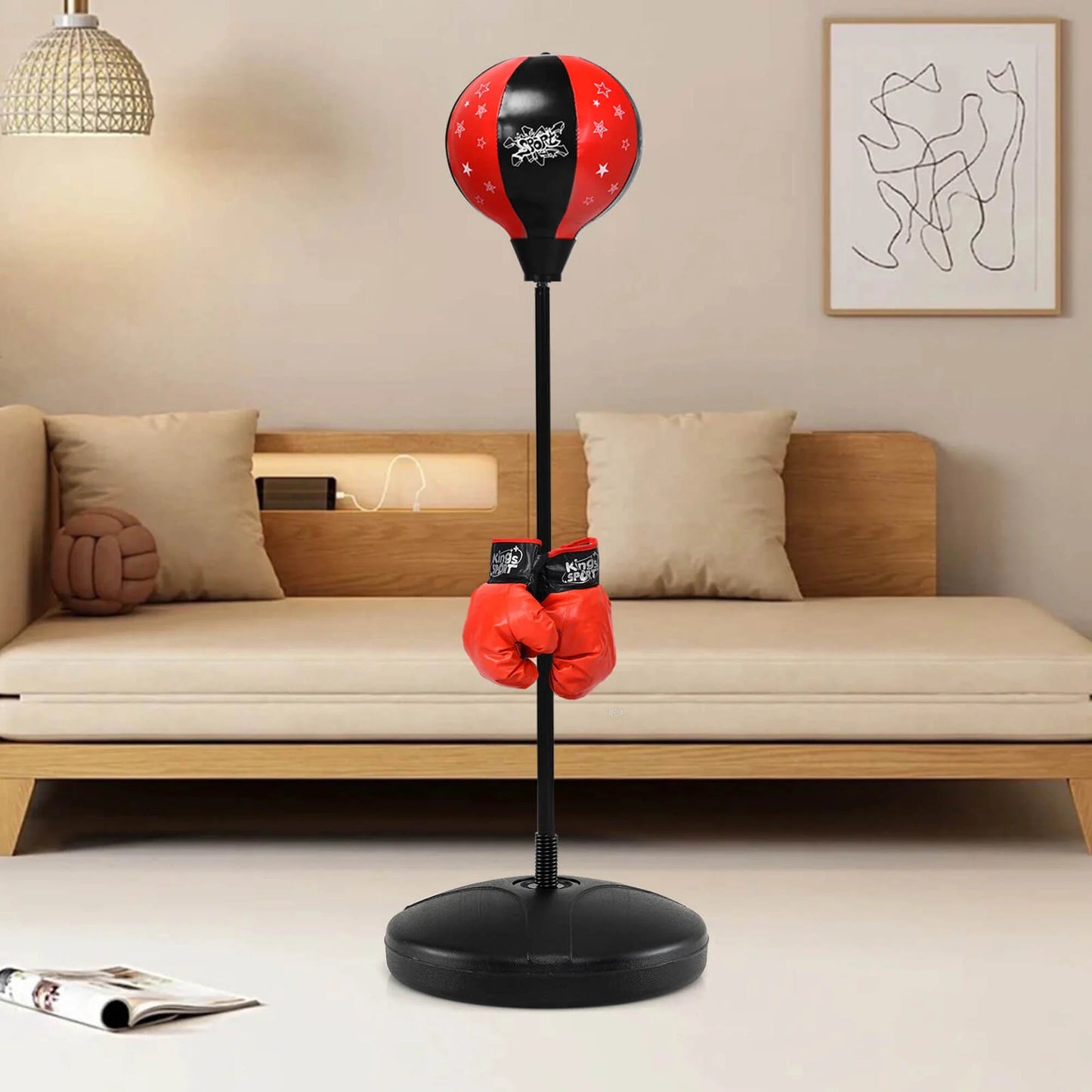 Kids Punching Bag Toy Set Adjustable Stand Boxing Glove Speed Ball with Pump Red