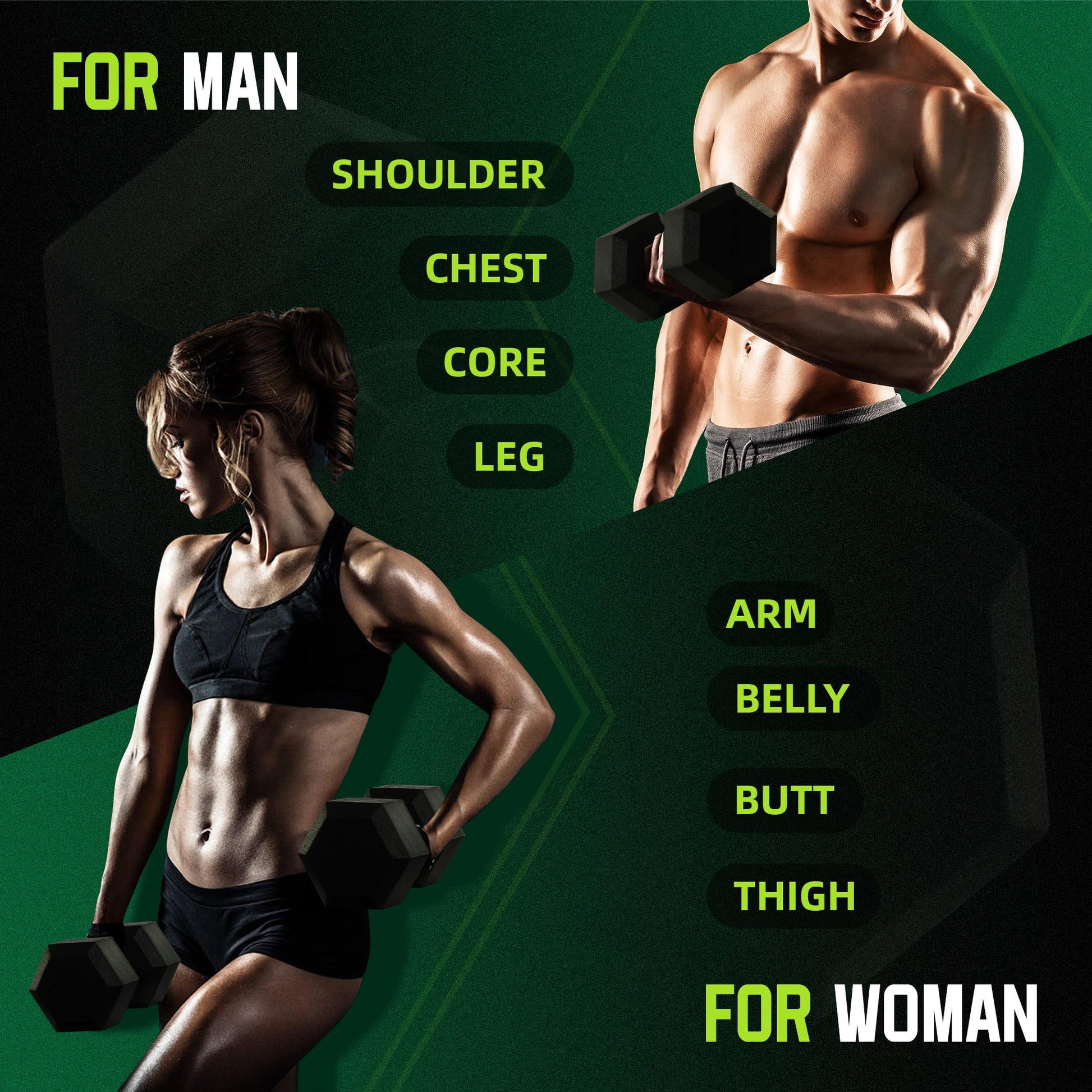 Rubber Encased Hex Dumbbell, Black, 10 Lb