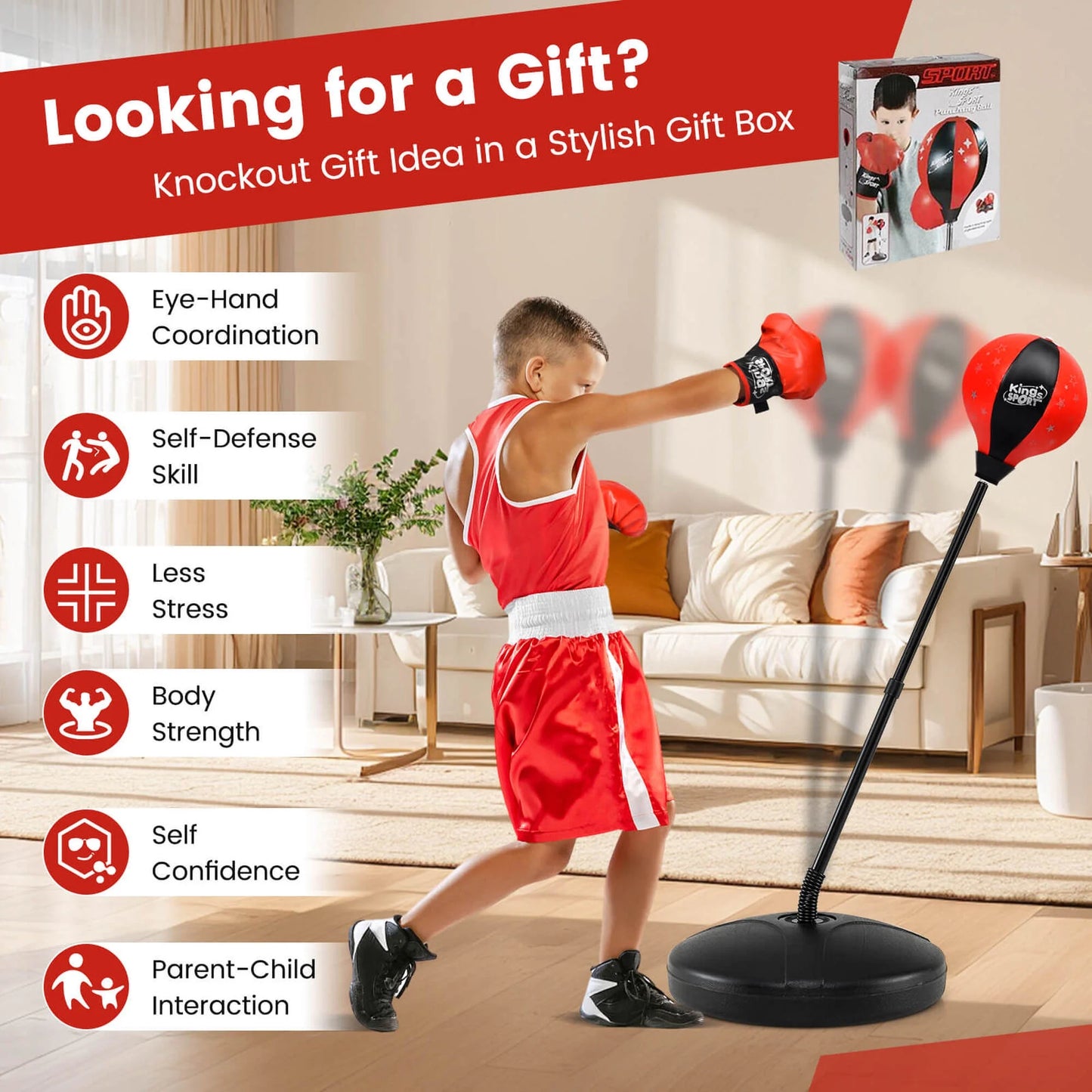 Kids Punching Bag Toy Set Adjustable Stand Boxing Glove Speed Ball with Pump Red