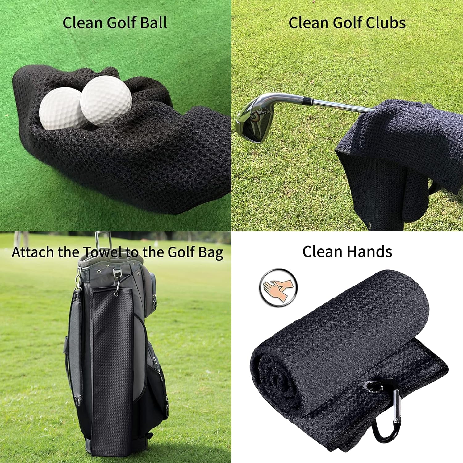 3 Pack Golf Towel Clean Set| Microfiber Waffle Pattern Tri-Fold Golf Towel | Brush Tool Kit with Club Groove Cleaner |Golf Accessories for Men, Women (Black/Gray Towel+ Gray Brush)