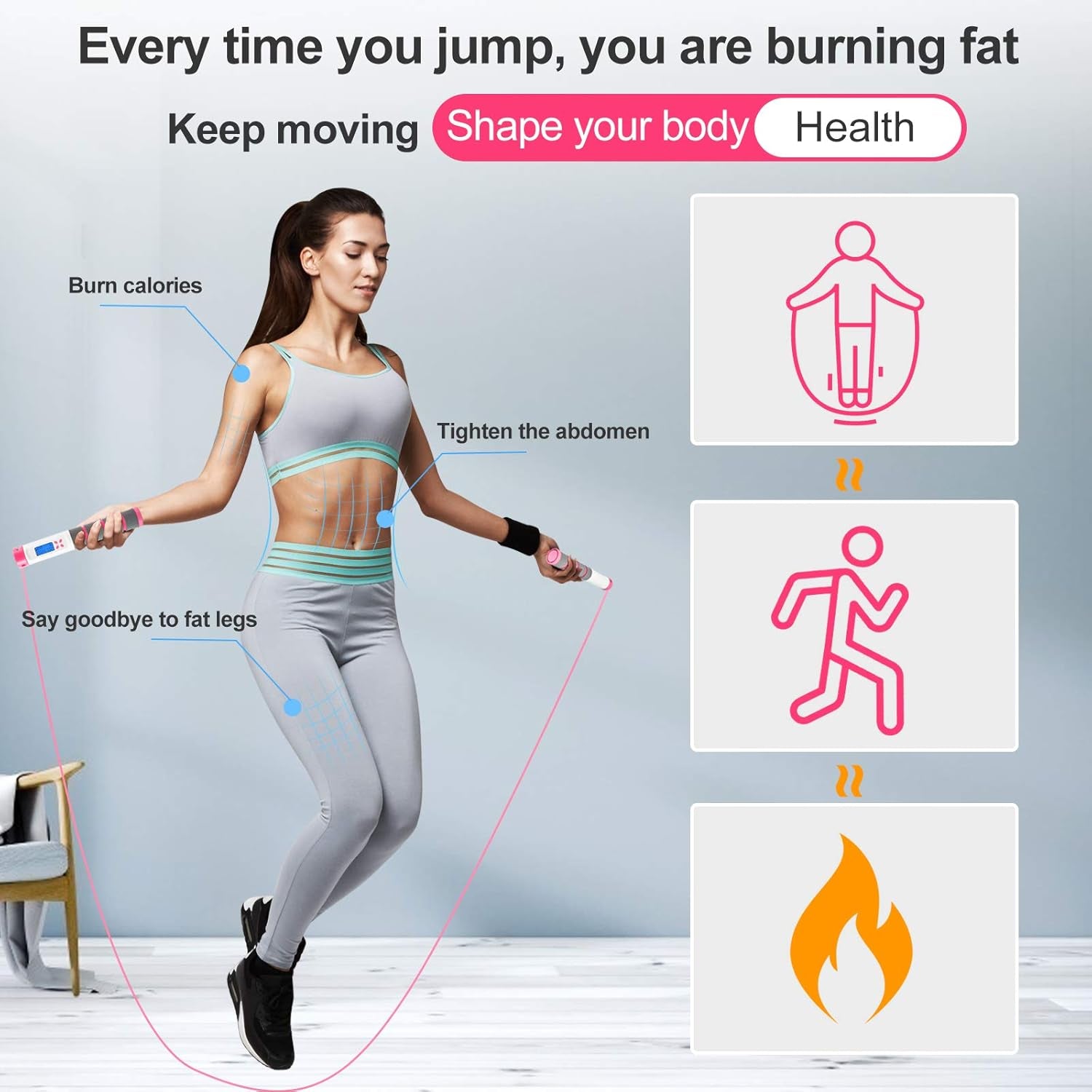 Jump Rope, Digital Weighted Handle Workout Jumping Rope with Calorie Counter for Fitness Exercise Boxing, Cordless Skipping Rope for Adults, Men, Women, Kids, Girls