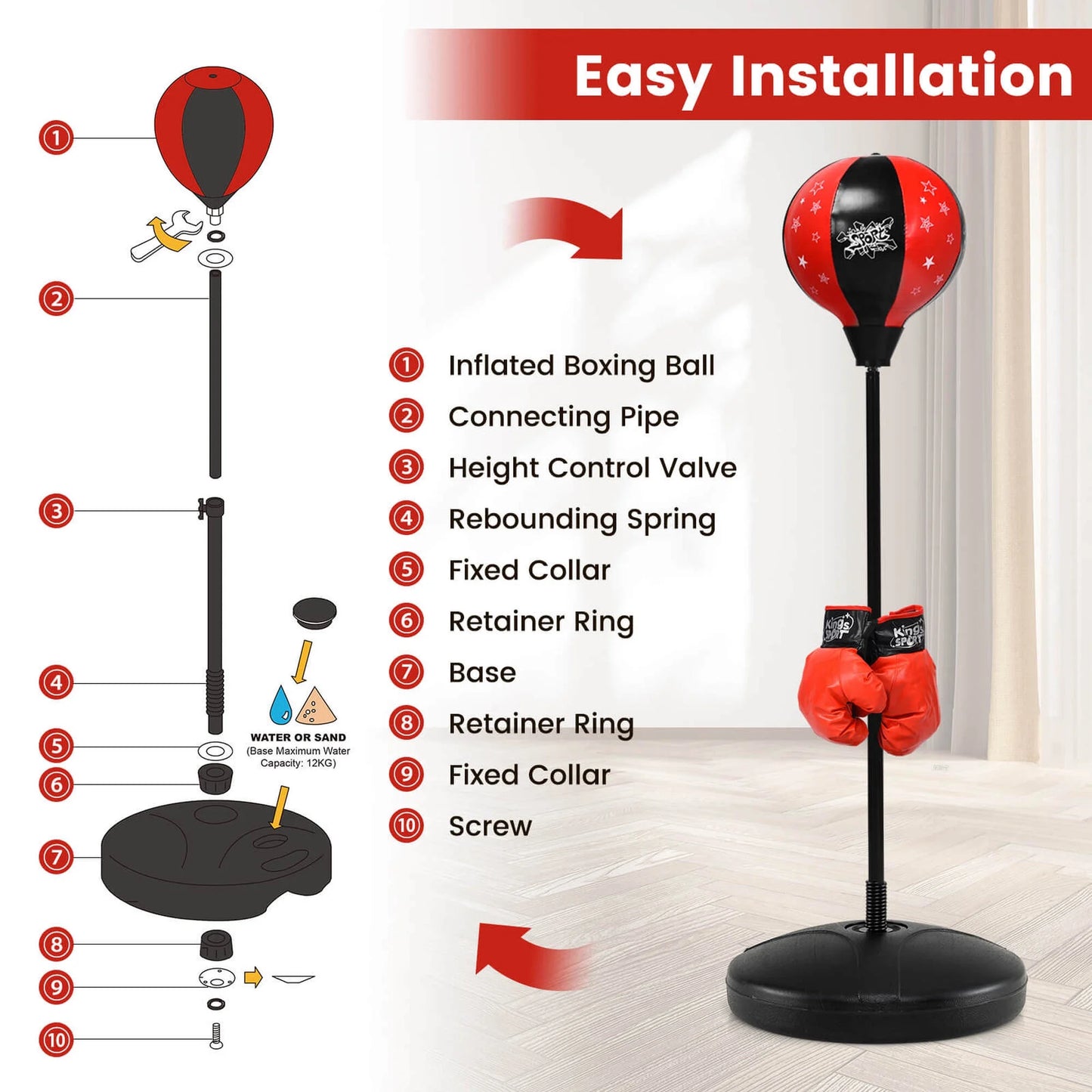 Kids Punching Bag Toy Set Adjustable Stand Boxing Glove Speed Ball with Pump Red