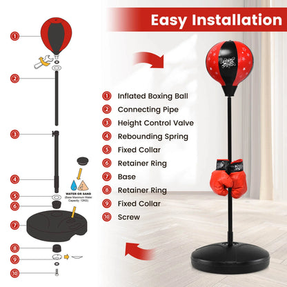 Kids Punching Bag Toy Set Adjustable Stand Boxing Glove Speed Ball with Pump Red