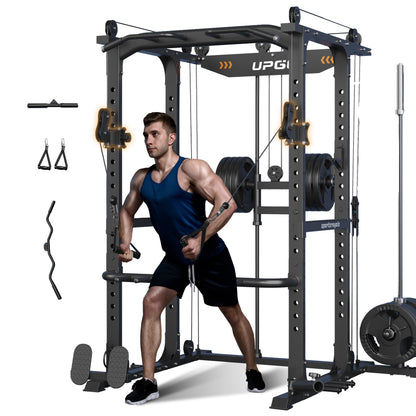 Power Cage, 1600Lbs Multi-Function Power Rack with Adjustable Cable Crossover, Power Cage for Home Gym, Black