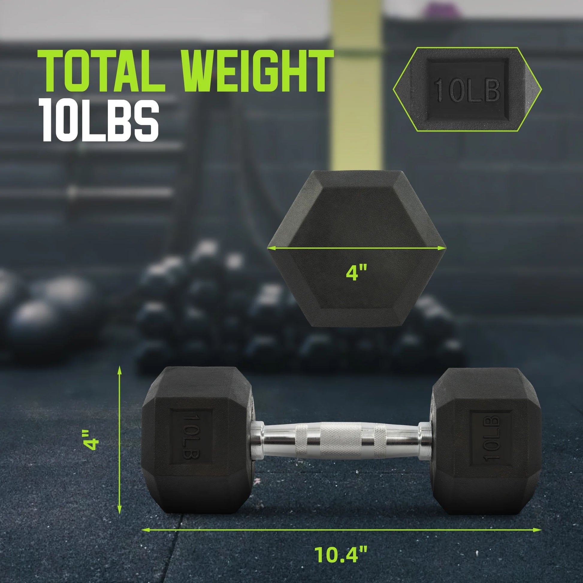 Rubber Encased Hex Dumbbell, Black, 10 Lb