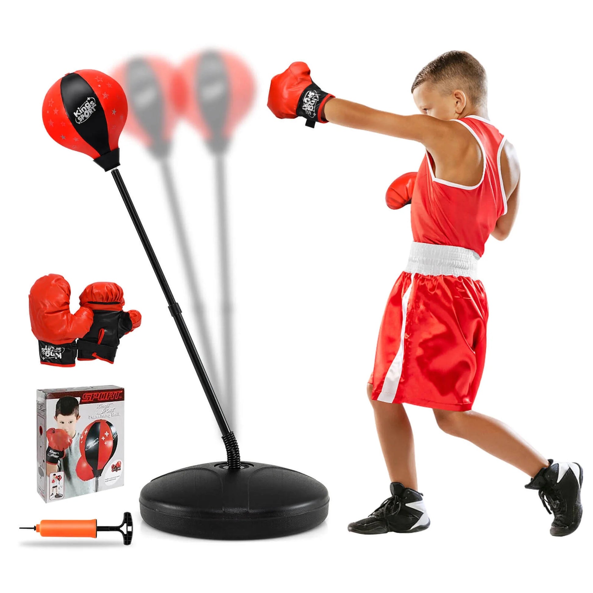 Kids Punching Bag Toy Set Adjustable Stand Boxing Glove Speed Ball with Pump Red