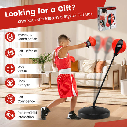 Kids Punching Bag Toy Set Adjustable Stand Boxing Glove Speed Ball with Pump Red