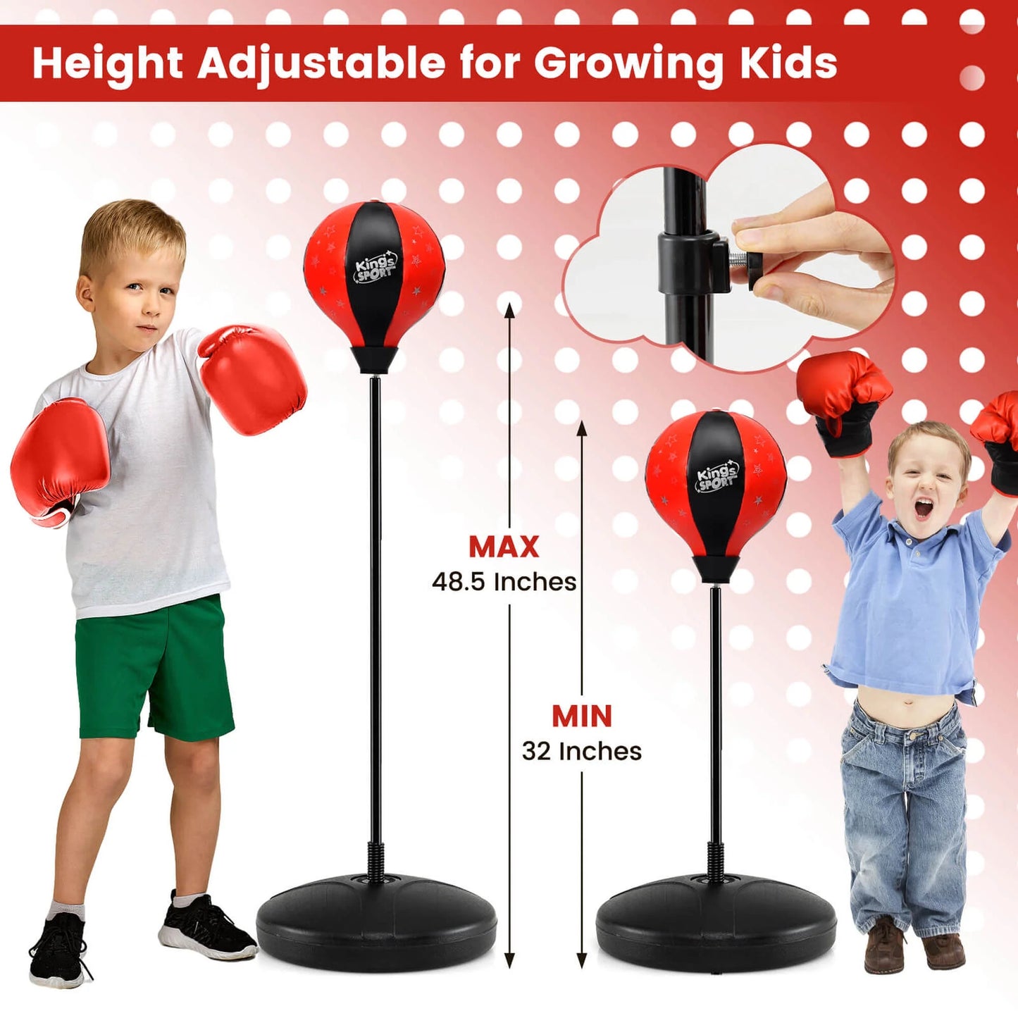 Kids Punching Bag Toy Set Adjustable Stand Boxing Glove Speed Ball with Pump Red