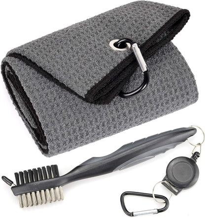 Golf Towels - Microfiber Waffle Pattern Tri-Fold, Brush Tool Kit with Club Groove Cleaner with Retractable Cord and Clip, for Men Women, Golf Gift