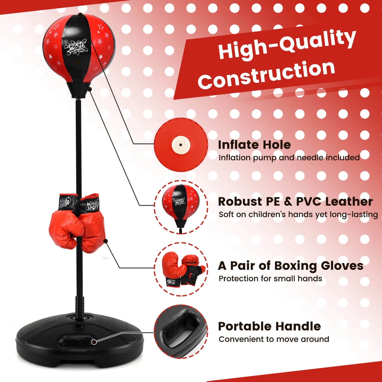 Kids Punching Bag Toy Set Adjustable Stand Boxing Glove Speed Ball with Pump Red