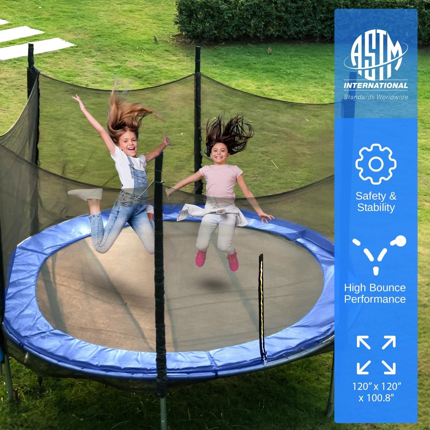 8FT 10FT 12FT 14FT Outdoor Trampoline for Kids and Adults – ASTM Certified Heavy-Duty Backyard Trampoline with Safety Poles, Net Enclosure, and Stable Anti-Rust Frame