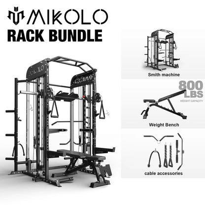Smith Machine, All-In-One Power Rack Cage with Vertical Leg Press, 2000LBS Power Cage Squat Rack with Smith Bar, Dual Pulley Cable Crossover System for Home Gym with Weight Bench